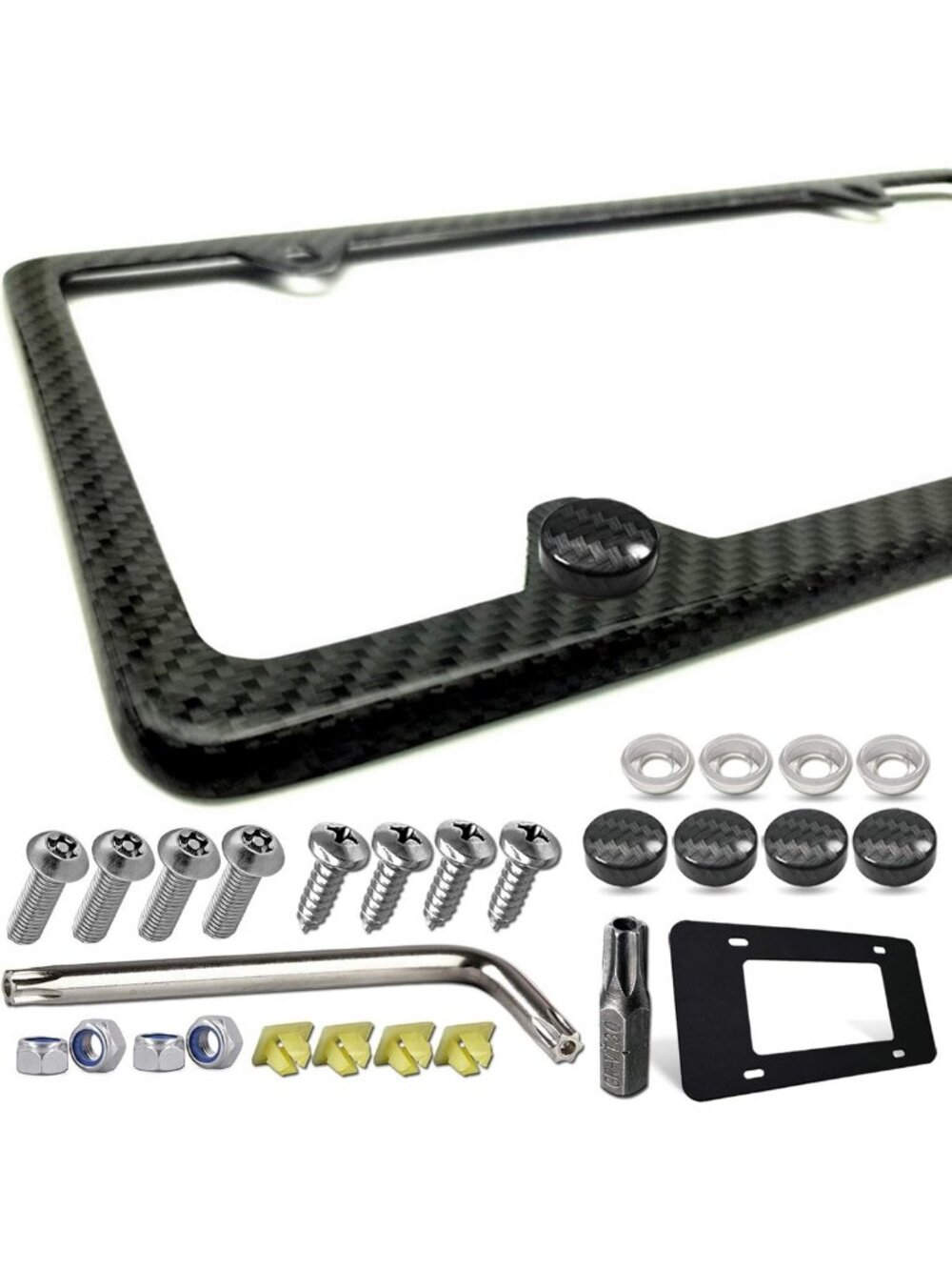 Sleek Carbon Fiber License Plate Frame - Handcrafted Slim Black Holder, Rattle